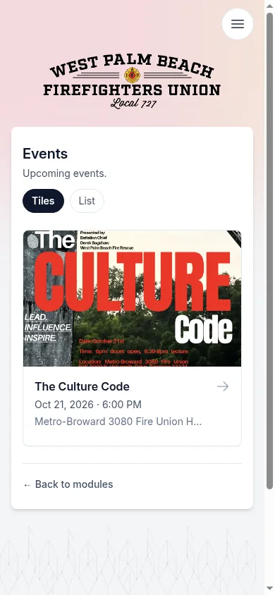 Public mobile events list showing upcoming events
